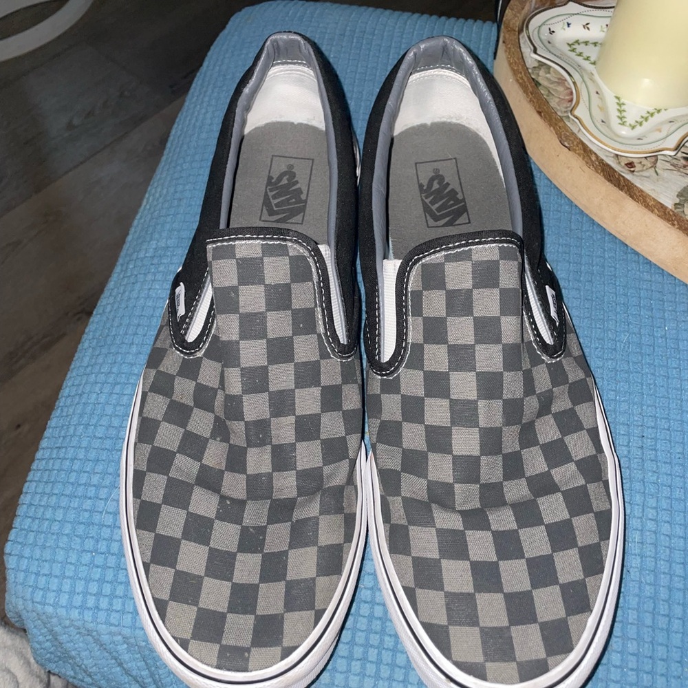 Vans Men's Black and Gray Checkered Slip-On Sneakers